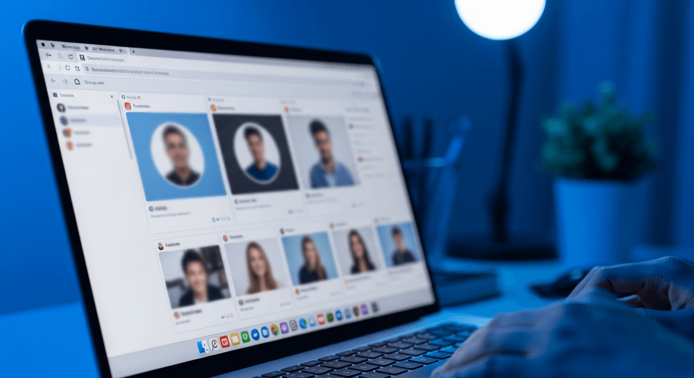 Laptop screen showing multiple social profile photos being cross-referenced.