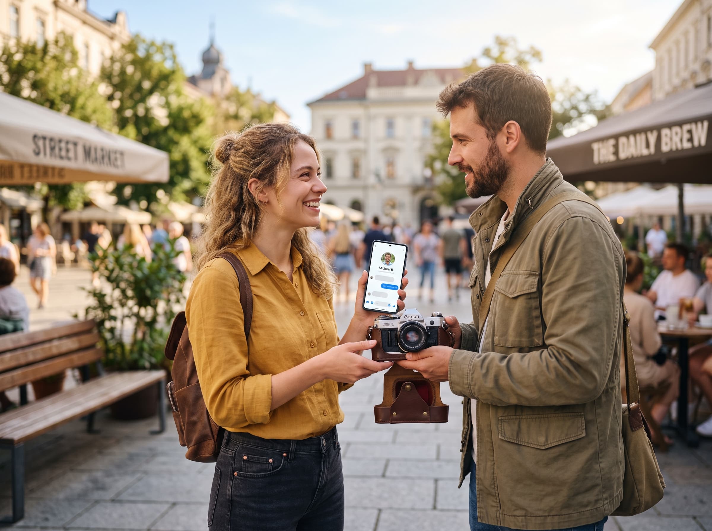 Buyer showing a verified profile on her phone during a marketplace item pickup